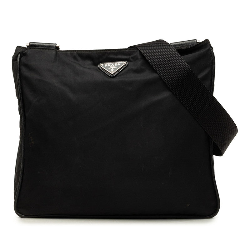 プラダ 三角ロゴプレート 斜め掛け ショルダーバッグ ブラック ナイロン レザー レディース PRADA 中古