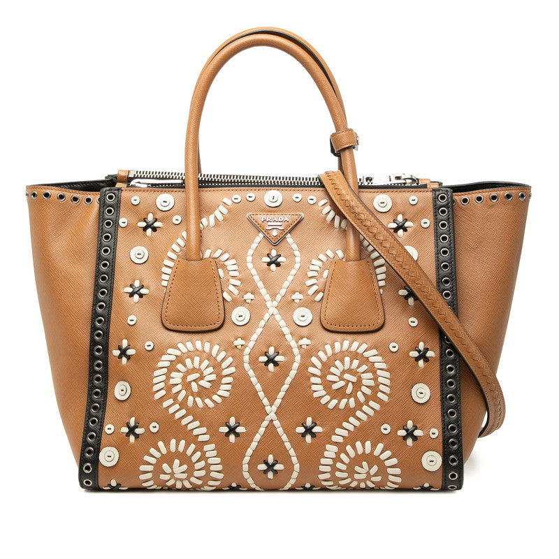 プラダ 三角ロゴプレート ハンドバッグ ショルダーバッグ 2WAY ブラウン ホワイト サフィアーノレザー レディース PRADA 【中古】