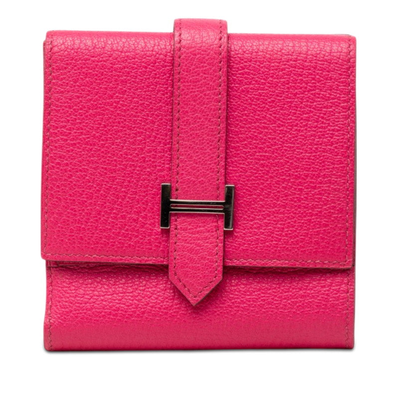 エルメス ベアン レクトベルソ 三つ折り財布 □O 2011 ローズショッキング ピンク シェーブル レディース HERMES 【中古】