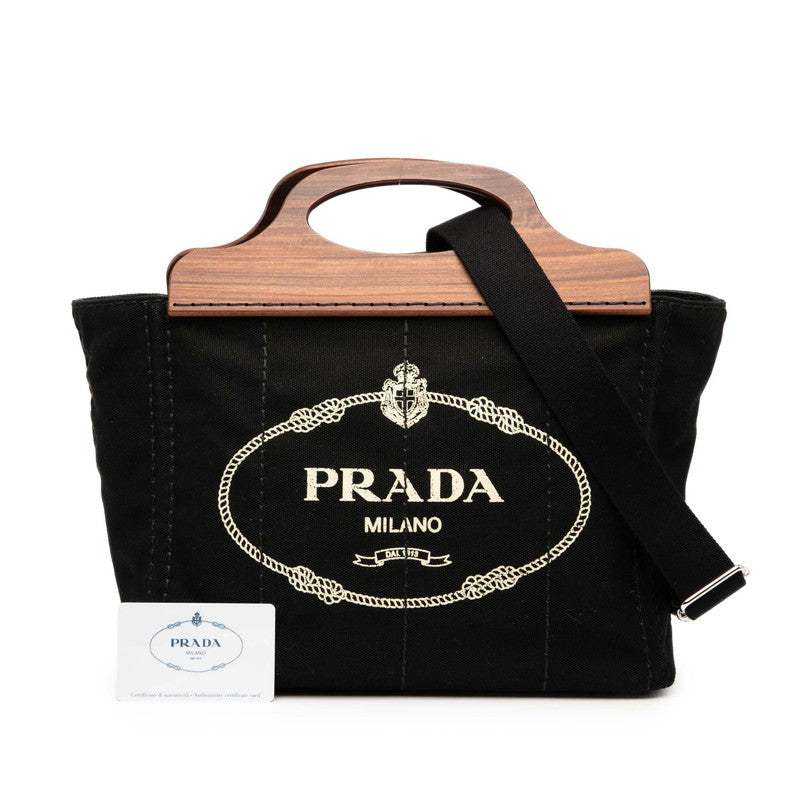 プラダ カナパ ハンドバッグ ショルダーバッグ 2WAY 1BG350 ブラック ブラウン コットン ウッド レディース PRADA 【中古】