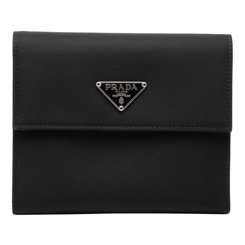 プラダ 三角ロゴプレート 三つ折り財布 M170 ネロ ブラック ナイロン レザー レディース PRADA 【中古】