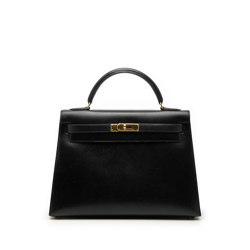 エルメス ケリー32 外縫い ハンドバッグ ブラック ゴールド金具 ボックスカーフ レディース HERMES 【中古】