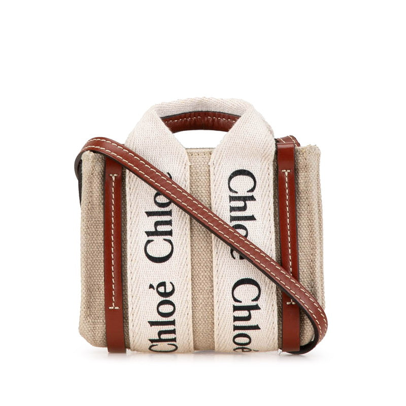 クロエ ウッディ ナノ ハンドバッグ ショルダーバッグ 2WAY ベージュ キャンバス レザー レディース Chloe 【中古】