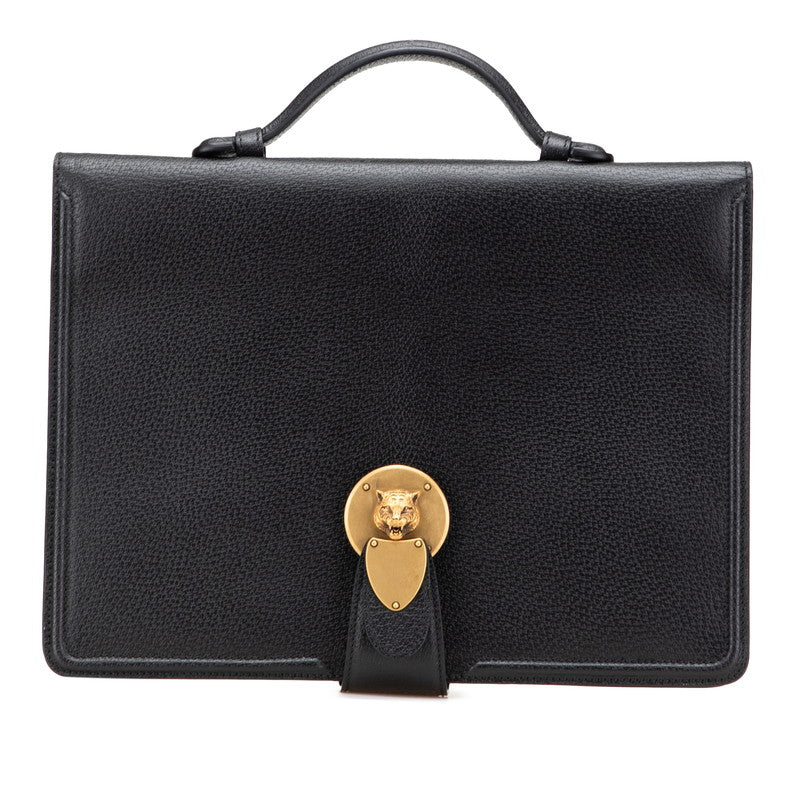 グッチ キャットヘッド ブリーフケース クラッチバッグ 495655 ブラック レザー メンズ GUCCI 【中古】