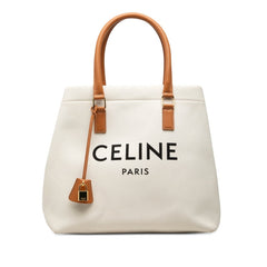 セリーヌ ニューホリゾンタル トートバッグ ホワイト ブラウン キャンバス レザー レディース CELINE 【中古】