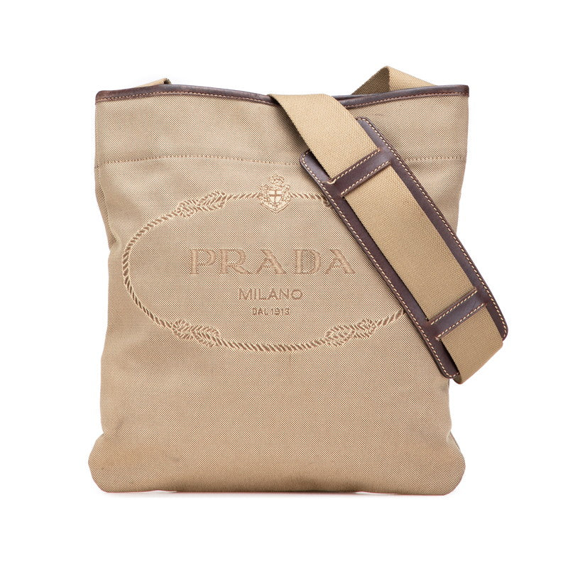 プラダ ロゴジャガード 斜め掛け ショルダーバッグ ベージュ ブラウン キャンバス レディース PRADA 【中古】