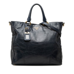 プラダ ヴィッテロシャイン ハンドバッグ 2WAY ショルダーバッグ ネイビー ゴールド レザー レディース PRADA 【中古】