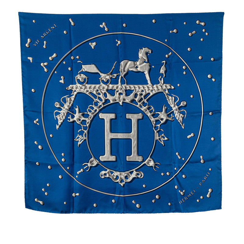 エルメス カレ90 VIF ARGENT 銀の雫 スカーフ ブルー シルバー シルク レディース HERMES 【中古】