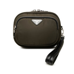 プラダ 三角ロゴプレート クラッチバッグ セカンドバッグ ポーチ 1NE026 カーキグリーン ナイロン レザー メンズ PRADA 中古