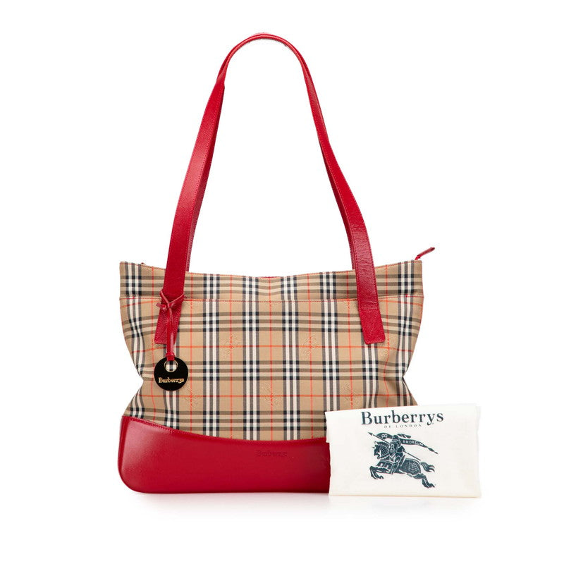 バーバリー ノバチェック シャドーホース ハンドバッグ トートバッグ ベージュ レッド キャンバス レザー レディース BURBERRY 【中古】