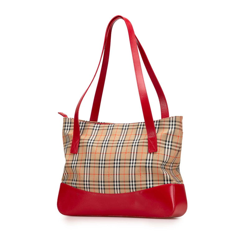 バーバリー ノバチェック シャドーホース ハンドバッグ トートバッグ ベージュ レッド キャンバス レザー レディース BURBERRY 【中古】