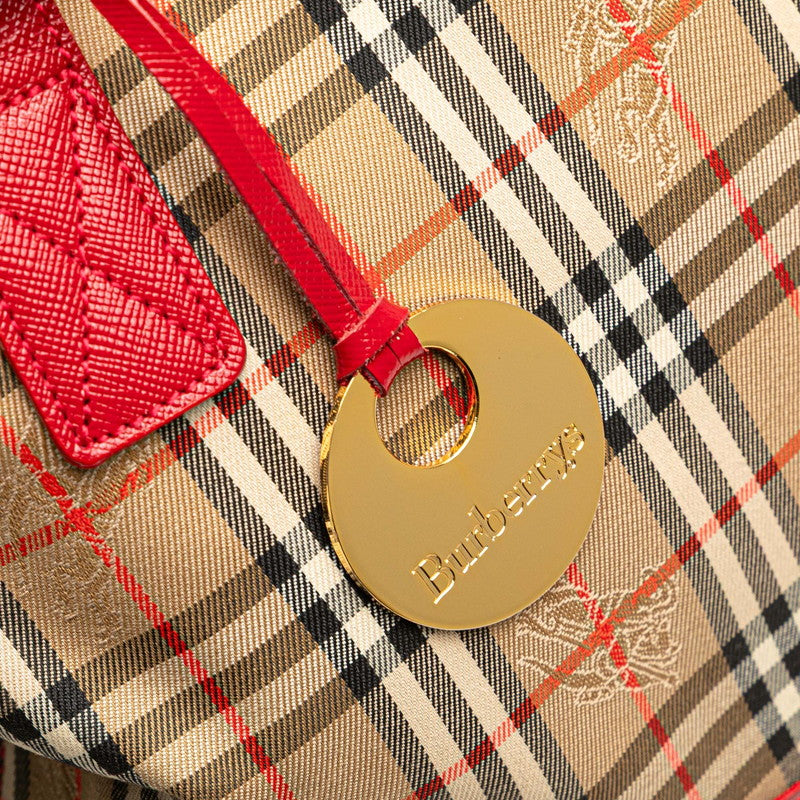 バーバリー ノバチェック シャドーホース ハンドバッグ トートバッグ ベージュ レッド キャンバス レザー レディース BURBERRY 【中古】