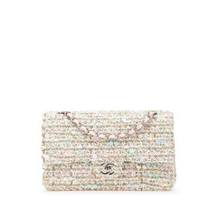 シャネル マトラッセ25 ココマーク ダブルフラップ シルバー金具 チェーン ショルダーバッグ ピンク ホワイト マルチカラー ツイード レザー レディース CHANEL 【中古】