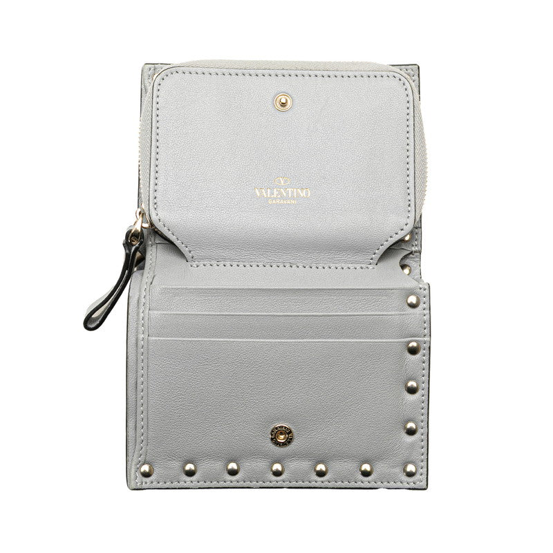 ヴァレンティノ ロックスタッズ ラウンドファスナー 二つ折り財布 グレー レザー レディース VALENTINO 【中古】