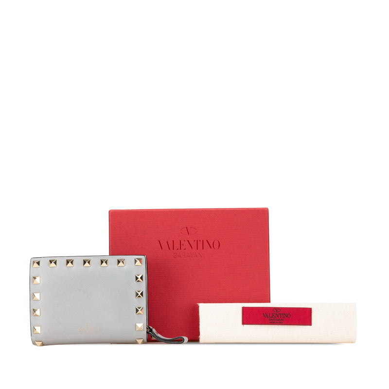 ヴァレンティノ ロックスタッズ ラウンドファスナー 二つ折り財布 グレー レザー レディース VALENTINO 【中古】