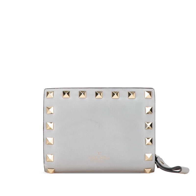 ヴァレンティノ ロックスタッズ ラウンドファスナー 二つ折り財布 グレー レザー レディース VALENTINO 【中古】