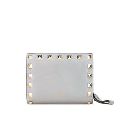 ヴァレンティノ ロックスタッズ ラウンドファスナー 二つ折り財布 グレー レザー レディース VALENTINO 【中古】
