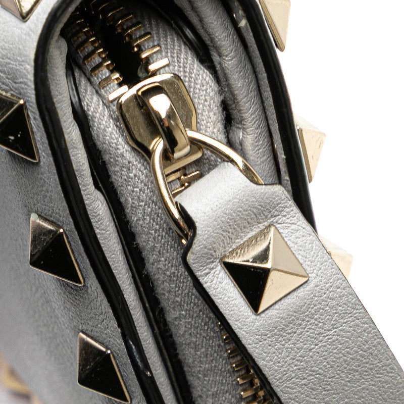 ヴァレンティノ ロックスタッズ ラウンドファスナー 二つ折り財布 グレー レザー レディース VALENTINO 【中古】