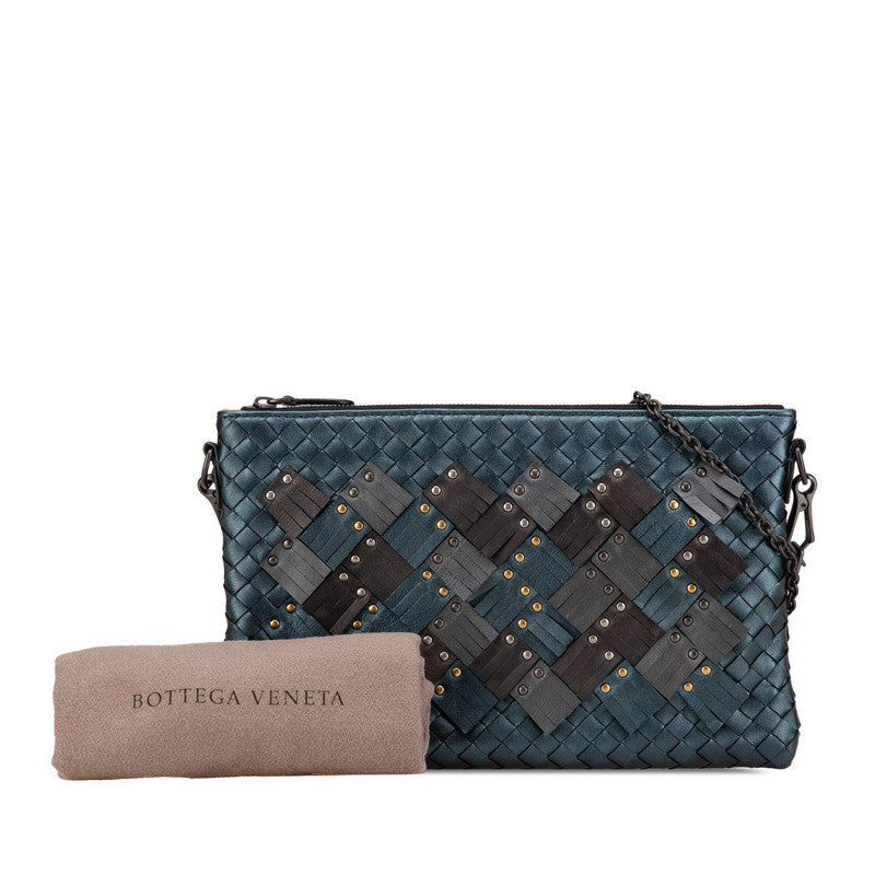 ボッテガヴェネタ イントレチャート スタッズ チェーン ショルダーバッグ ネイビー ブラウン レザー レディース BOTTEGAVENETA 【中古】