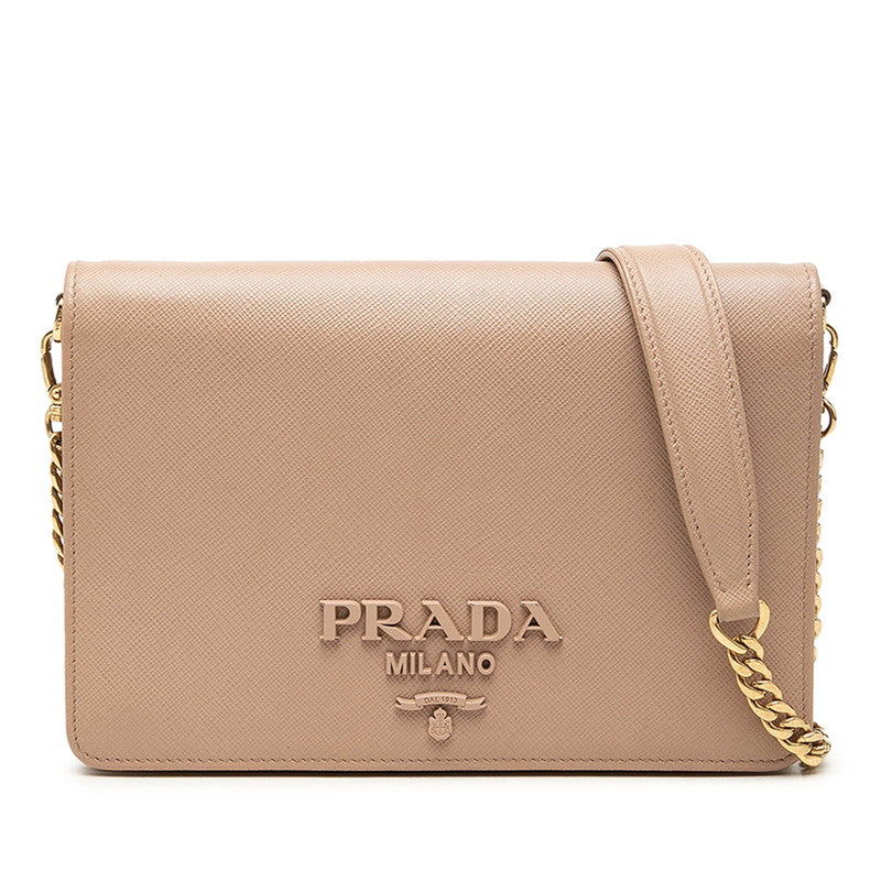 プラダ ロゴ 斜め掛け チェーン ショルダーバッグ ベージュ レザー レディース PRADA 中古