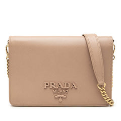 プラダ ロゴ 斜め掛け チェーン ショルダーバッグ ベージュ レザー レディース PRADA 中古