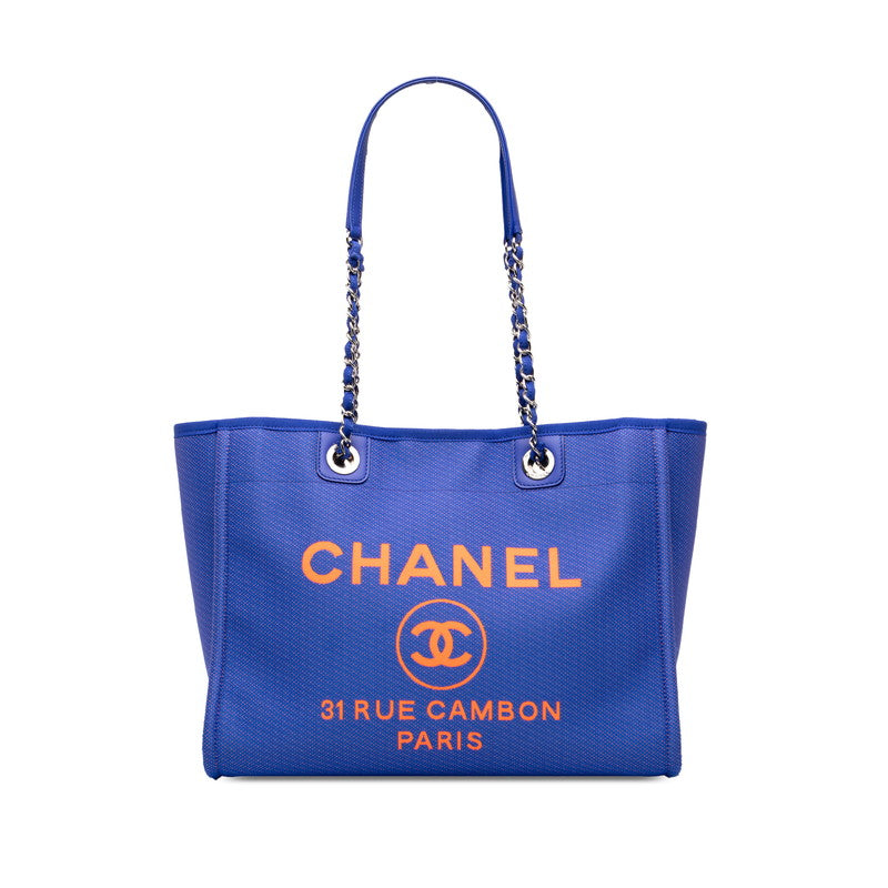 シャネル ドーヴィルMM チェーン トートバッグ ハンドバッグ ブルー系 オレンジ キャンバス レザー レディース CHANEL 中古