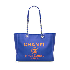 シャネル ドーヴィルMM チェーン トートバッグ ハンドバッグ ブルー系 オレンジ キャンバス レザー レディース CHANEL 中古