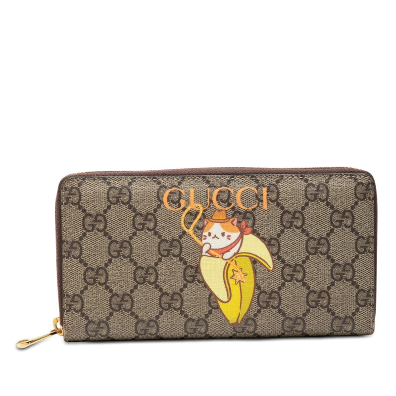 グッチ GGスプリーム ばなにゃ プリント ジッピーウォレット 長財布 701060 ブラウン イエロー PVC レザー レディース GUCCI 【中古】