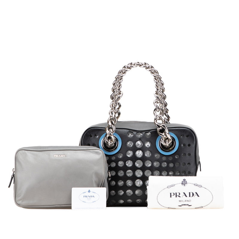 プラダ 三角ロゴプレート パンチング チェーン トートバッグ ハンドバッグ 1BB017 ブラック グレー レザー レディース PRADA 【中古】