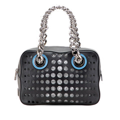 プラダ 三角ロゴプレート パンチング チェーン トートバッグ ハンドバッグ 1BB017 ブラック グレー レザー レディース PRADA 【中古】