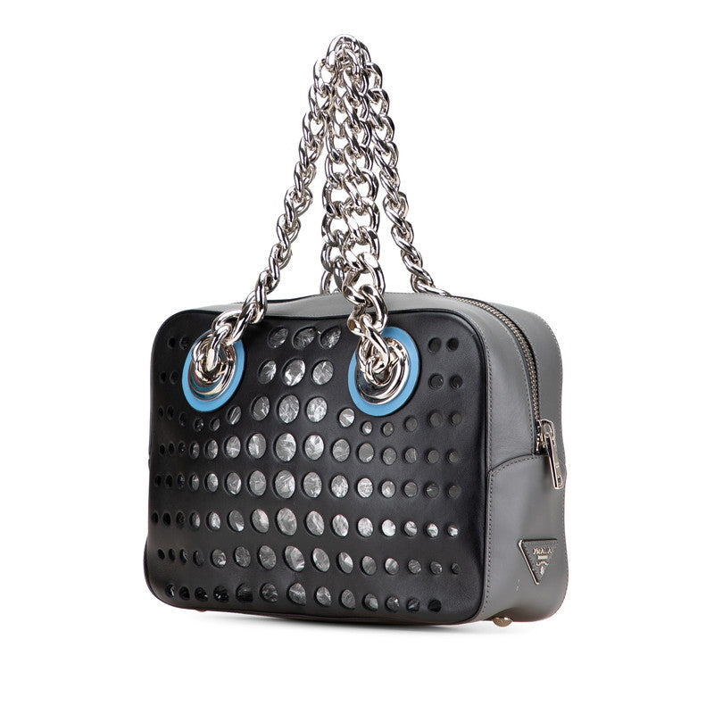 プラダ 三角ロゴプレート パンチング チェーン トートバッグ ハンドバッグ 1BB017 ブラック グレー レザー レディース PRADA 【中古】