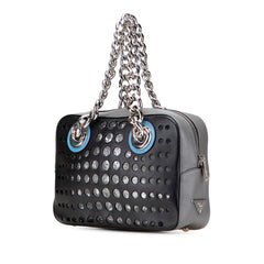 プラダ 三角ロゴプレート パンチング チェーン トートバッグ ハンドバッグ 1BB017 ブラック グレー レザー レディース PRADA 【中古】