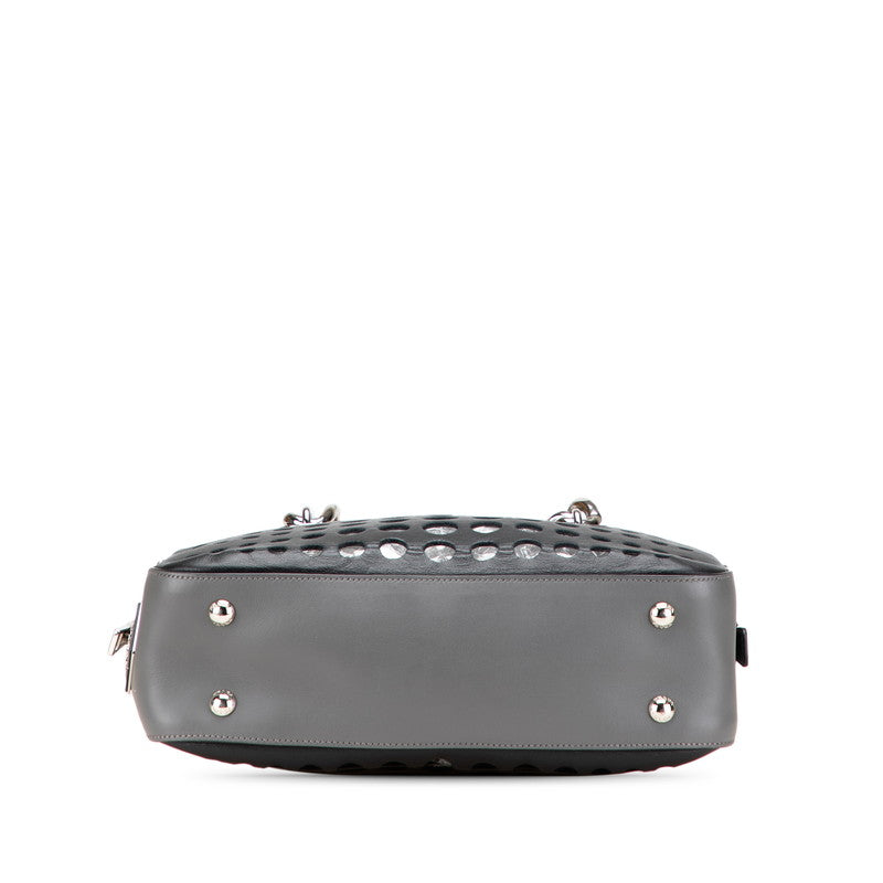 プラダ 三角ロゴプレート パンチング チェーン トートバッグ ハンドバッグ 1BB017 ブラック グレー レザー レディース PRADA 【中古】