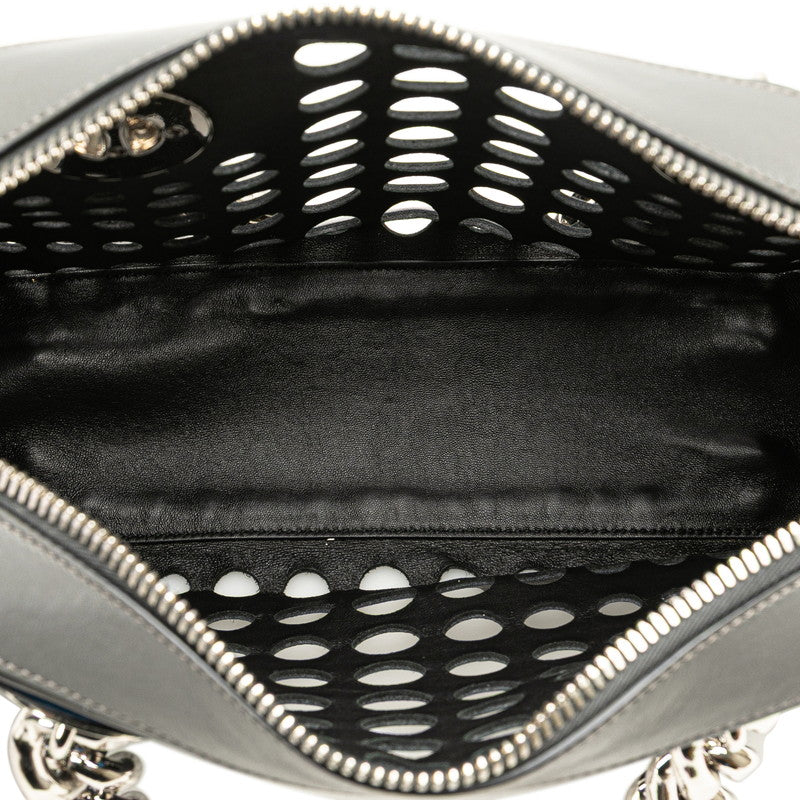 プラダ 三角ロゴプレート パンチング チェーン トートバッグ ハンドバッグ 1BB017 ブラック グレー レザー レディース PRADA 【中古】