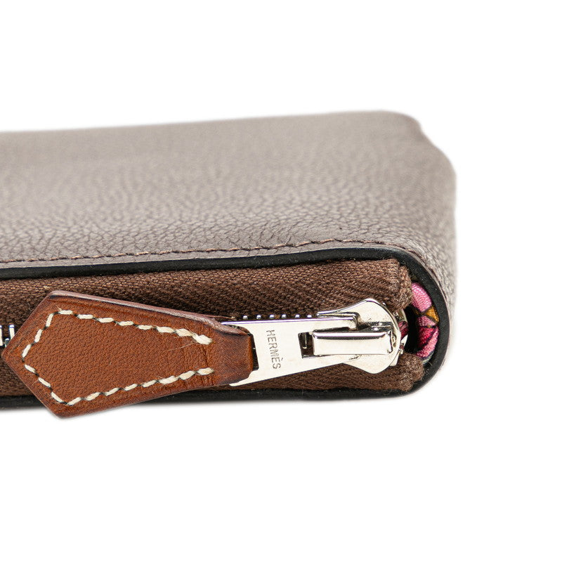 エルメス アザップ シルクイン コンパクト ラウンドファスナー 二つ折り財布 モカ ブラウン エバーカラー レディース HERMES 【中古】