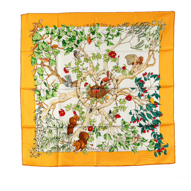 エルメス カレ90 AU COEUR DES BOIS 森の中で スカーフ オレンジ ホワイト マルチカラー シルク レディース HERMES 【中古】
