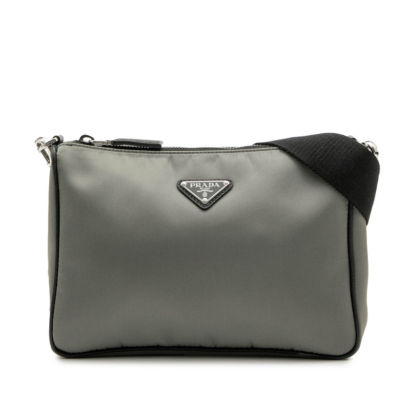 プラダ 三角ロゴプレート ショルダーバッグ 2VH113 グレー ブラック ナイロン レザー レディース PRADA 【中古】