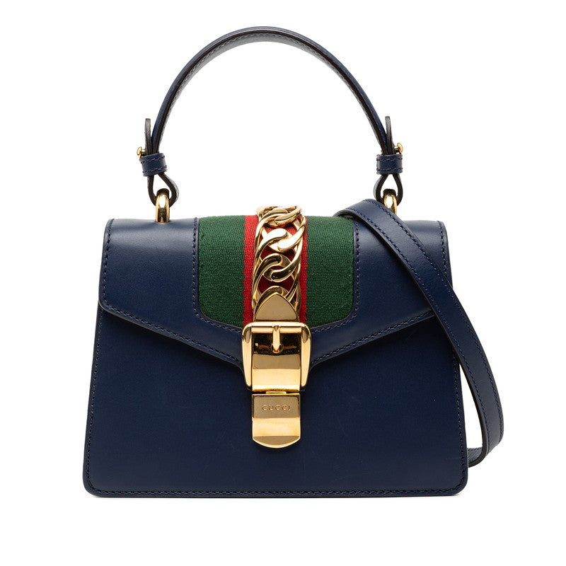 グッチ シェリーライン シルヴィ ハンドバッグ ショルダーバッグ 2WAY 470270 ネイビー レザー レディース GUCCI 【中古】