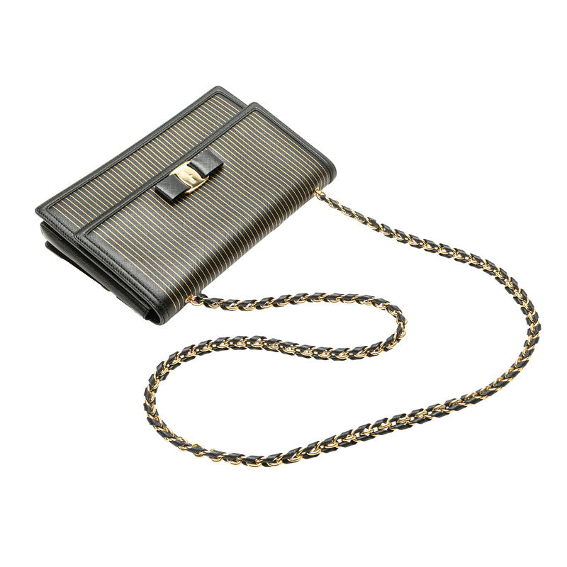 サルヴァトーレフェラガモ ヴァラ リボン ストライプ チェーン ショルダーバッグ ブラック ゴールド PVC レディース Salvatore Ferragamo 【中古】
