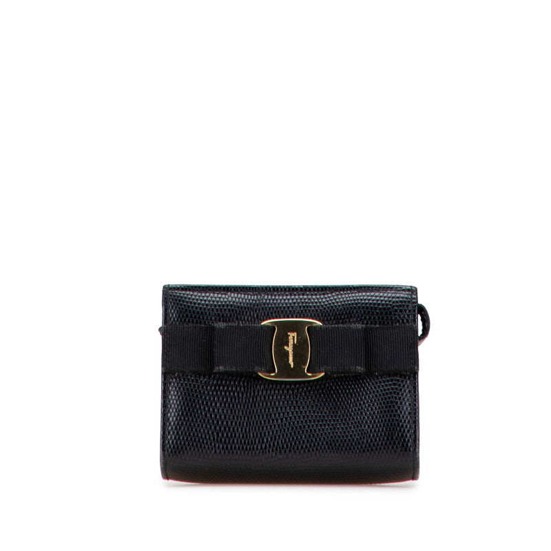 サルヴァトーレフェラガモ ヴァラリボン リザード型押し ポーチ ブラック レザー レディース Salvatore Ferragamo 【中古】