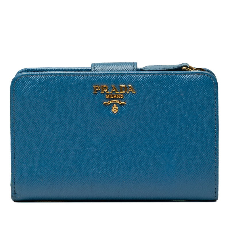 プラダ ロゴ 二つ折り財布 ブルー サフィアーノレザー レディース PRADA 【中古】