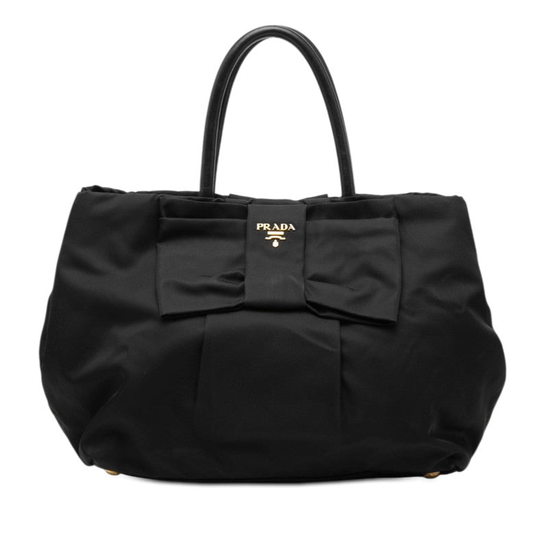 プラダ リボン ハンドバッグ ブラック ナイロン レザー レディース PRADA 【中古】