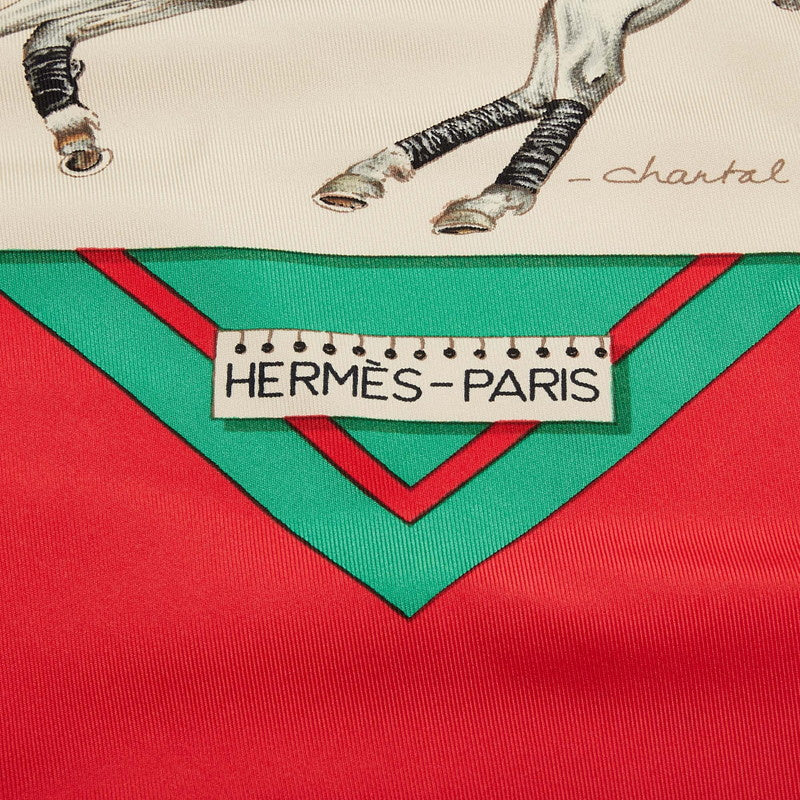 エルメス カレ90 LE MONDE DU POLO ポロの世界 スカーフ レッド マルチカラー シルク レディース HERMES 【中古】