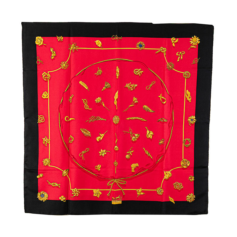 エルメス カレ90 Clips クリップ スカーフ レッド ブラック マルチカラー シルク レディース HERMES 【中古】