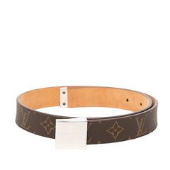 ルイ ヴィトン モノグラム サンチュール キャレ ベルト レザーベルト ロゴバックル M6801 ブラウン PVC レザー メンズ LOUIS VUITTON 中古