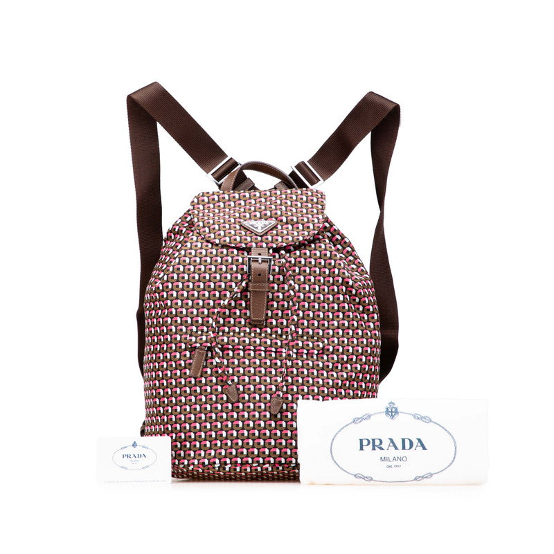 プラダ 三角ロゴプレート リュック バックパック BZ0032 ブラウン ピンク ナイロン レザー レディース PRADA 【中古】