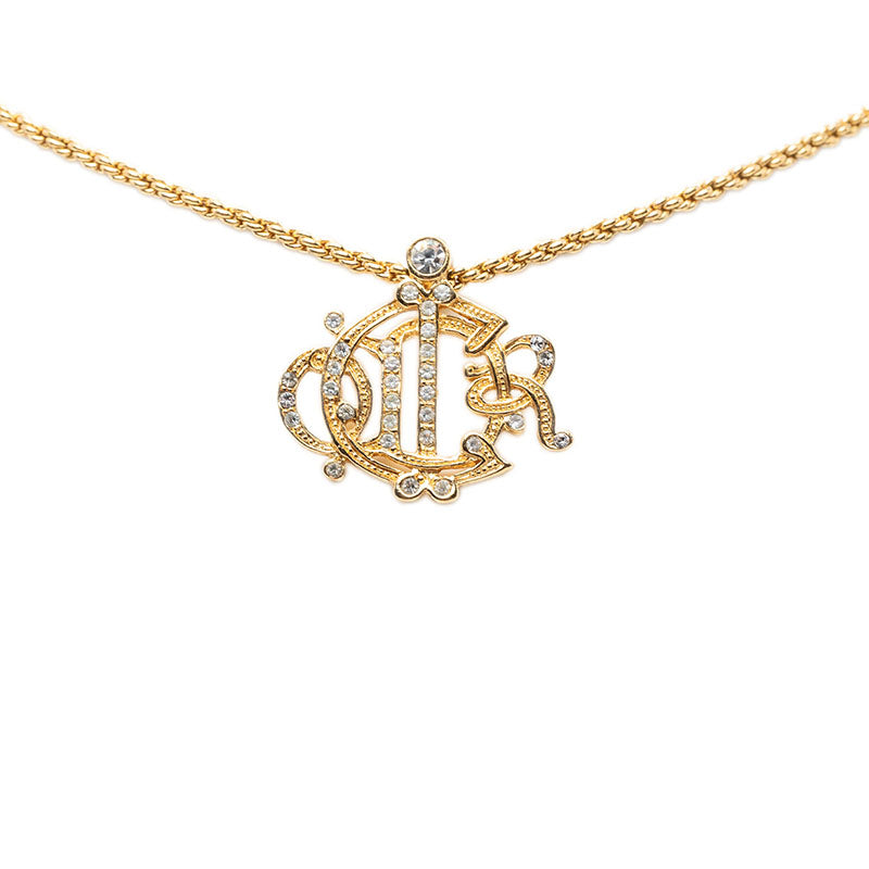 ディオール ロゴ エンブレム ペンダント ネックレス ゴールド メッキ ラインストーン レディース Dior 【中古】