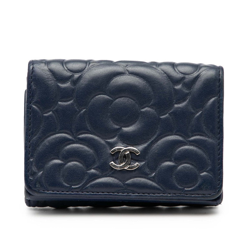 シャネル カメリア ココマーク 三つ折り財布 ネイビー レザー レディース CHANEL 【中古】