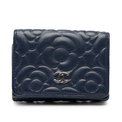シャネル カメリア ココマーク 三つ折り財布 ネイビー レザー レディース CHANEL 【中古】