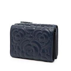 シャネル カメリア ココマーク 三つ折り財布 ネイビー レザー レディース CHANEL 【中古】
